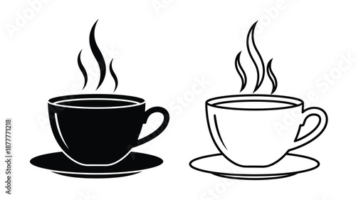 Two steaming cups of coffee or tea black and white illustration