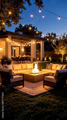 Outdoor living space with modern fire pit and string lights at dusk creating warm and inviting ambiance with sofas and chairs on the backyard patio.