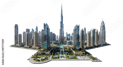 Photorealistic architectural render of the towering burj khalifa and futuristic dubai skyscrapers, isolated on transparent background, concept of global urban development