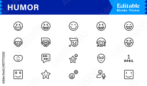 Professional Humor Line Icon Pack with Modern Minimal Style, Editable Pixel Perfect Designs Featuring Unique Funny and Comedy Symbols, Premium Quality Vector Set for Creatives