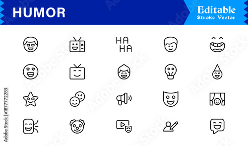 Professional Humor Line Icon Pack with Modern Minimal Style, Editable Pixel Perfect Designs Featuring Unique Funny and Comedy Symbols, Premium Quality Vector Set for Creatives