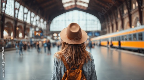 Vacation travel trip journey in holiday season. A woman in a hat and backpack standing in a train station, surrounded by a group of people. The train is on the right side of the image.