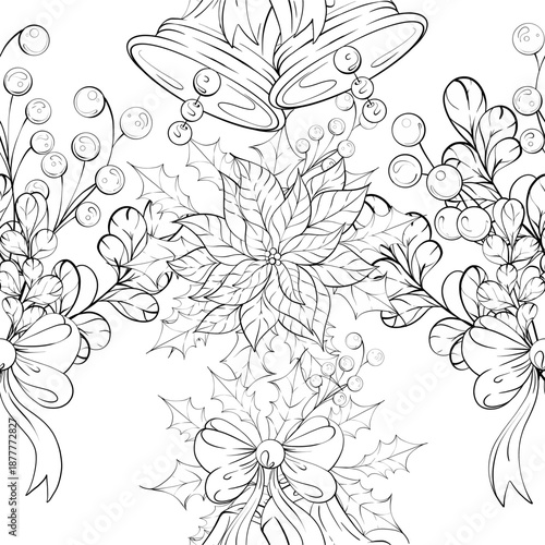Arrangement of Bells With Holly and Poinsettia Seamless Pattern Background Border in Festive Style for Creative Projects