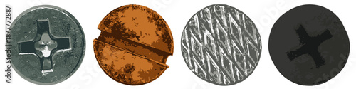Screw head. Nail head. Bolt head. Self-tapping screw head. Set Vector illustration