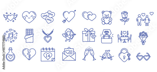 Romantic and Valentine line icon set. Vector pictograms of hearts, gifts, and love symbol, teddy bear, cupid, flower bouquet, engagement ring, chocolate candy, thin linear illustration