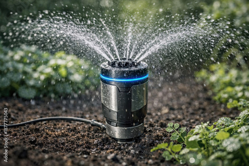 A modern garden sprinkler that evenly distributes water over moist soil and green plants, demonstrating efficient irrigation, eco-friendly gardening, intelligent watering technology and outdoor greene