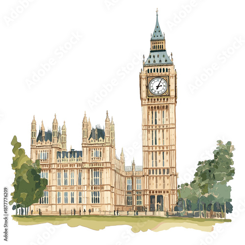 Big Ben and Houses of Parliament. Big Ben and Houses of Parliament watercolor vector illustration