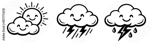 Cute hand drawn line art weather icons set featuring smiling sun, cloud, rain, and lightning for kids' illustrations