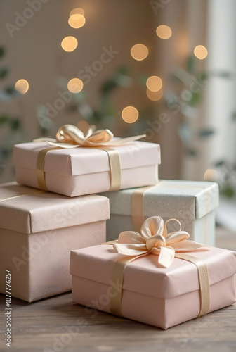 A collection of elegant pastel pink and silver gift boxes, tied with shimmering gold satin ribbons, sits beautifully arranged against a warm, festive background of soft bokeh lights