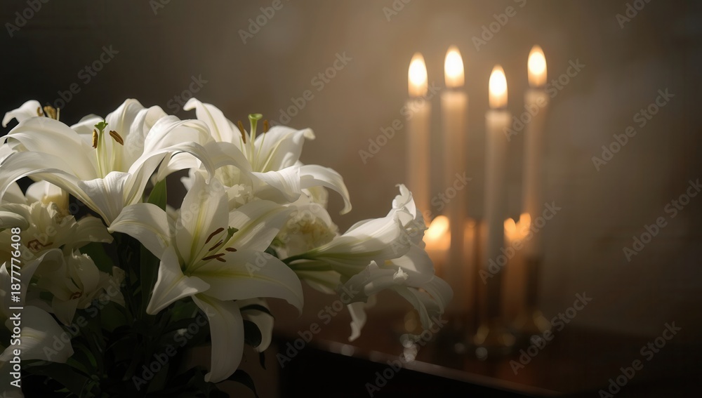 Obraz premium Elegant easter lilies and burning candles create a serene and peaceful atmosphere indoors