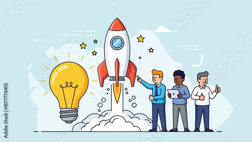Diverse Business Team Launching Innovative Idea with Rocket and Lightbulb.