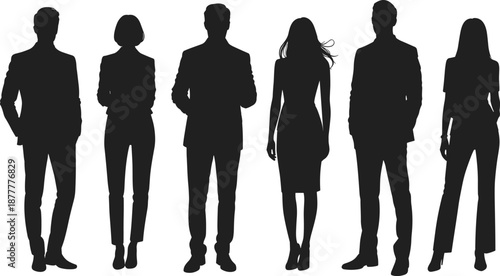 Business silhouettes, standing figures, professional attire, diverse posture, corporate shadow, office icon, people outline, workplace design, urban figure