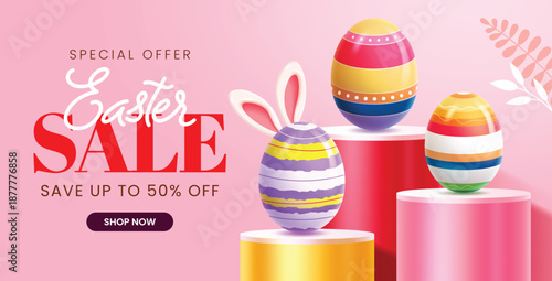 Easter sale banner featuring a special offer of up to 50% off with 3D realistic eggs on colorful podiums, bunny ears, and a shop now button on a pink background.