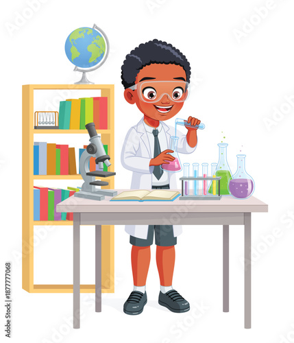 Young African American school boy making experiment in chemistry class. Cartoon vector illustration.