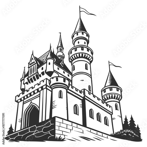 Fantasy Castle Illustration – Medieval Fairytale Palace Line Art Design
