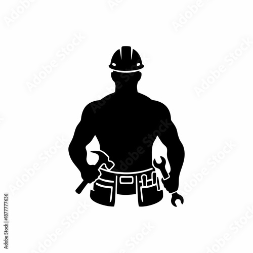 Muscular Construction Worker Silhouette Wearing Hard Hat and Tool Belt Isolated on White