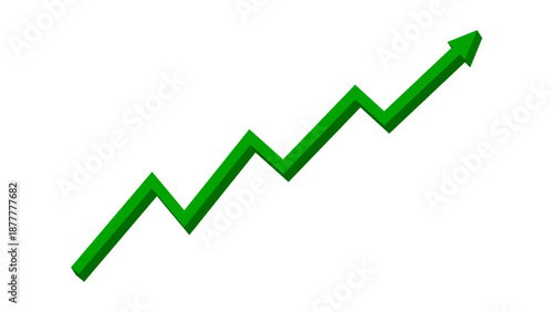 Green 3D fluctuated line arrow graph moving up concept of stock market business growth, increasing financial profit. Business grow up sign. Vector illustration.