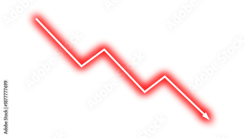 Falling down line arrow graph with red neon glow effect business loss concept, stock market investment downward direction, financial loss, stock market crash, decrease trading. Vector illustration.