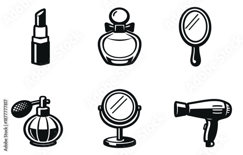 Minimalist line art beauty icons set featuring cosmetic products and grooming tools for personal care concepts