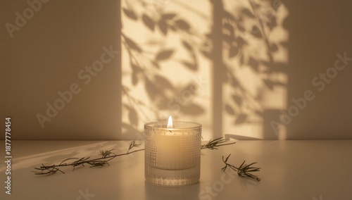 Candlelight illuminates a peaceful scene with leaf shadows creating a tranquil atmosphere indoors