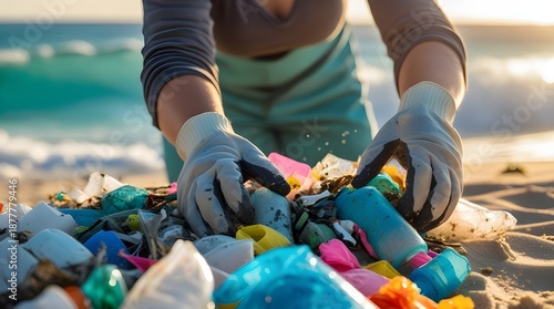 Volunteer Cleaning Up Plastic Waste on Beach