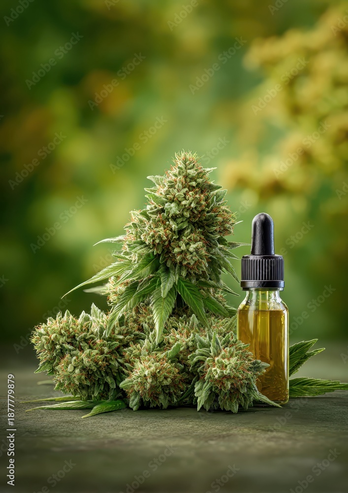 Fototapeta premium A bottle of CBD oil is placed near a fresh cannabis bud, showcasing the natural ingredients and potential benefits.