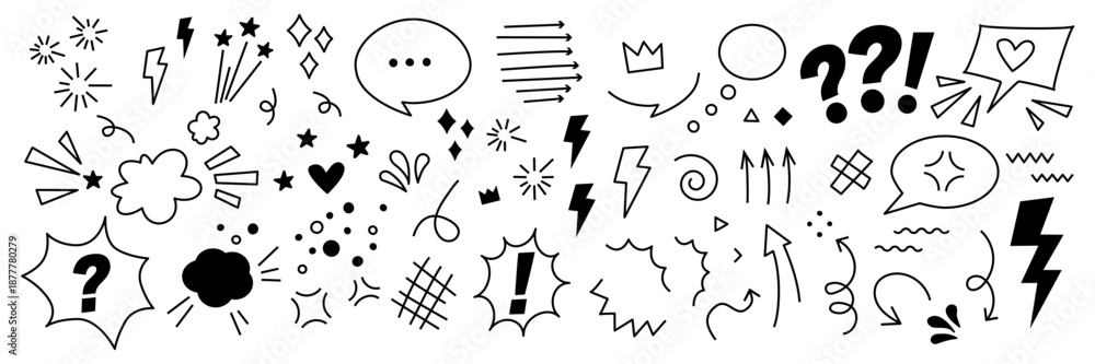 Fototapeta premium Comic expression black vector elements of speech bubbles, pop art sound effects, explosive lines, arrows, stars, anime emotion symbols. Cool hand drawn doodles, angry emotion for comics book, stickers