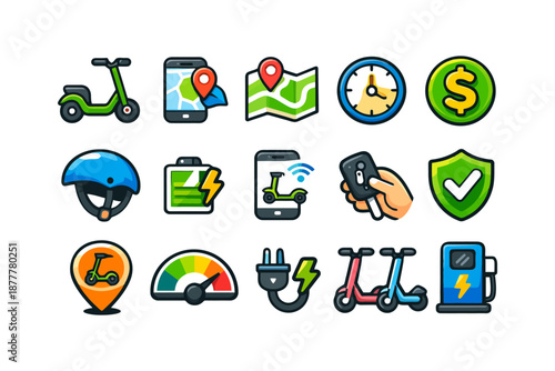 Electric scooter icons: gps, safety, charging, and navigation symbols for urban mobility.