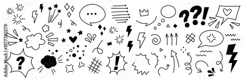 Comic expression black vector elements of speech bubbles, pop art sound effects, explosive lines, arrows, stars, anime emotion symbols. Cool hand drawn doodles, angry emotion for comics book, stickers