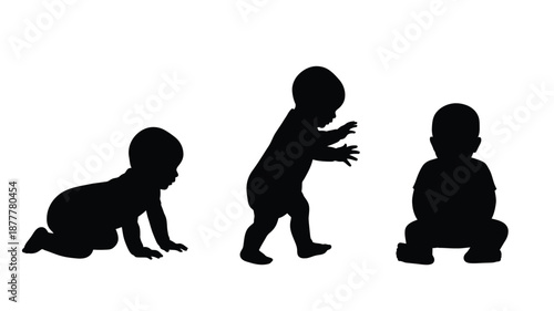 Stages of early childhood Crawling standing and sitting silhouettes
