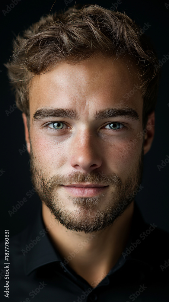 Obraz premium Nahaufnahme eines attraktiven Mannes mit Dreitagebart vor dunklem Hintergrund