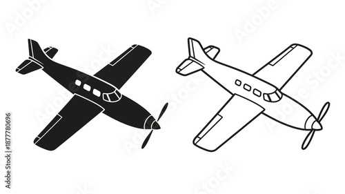 Simple black and white illustration of two vintage propeller airplanes in flight