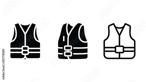 Three different styles of life vests depicted as black vector icons