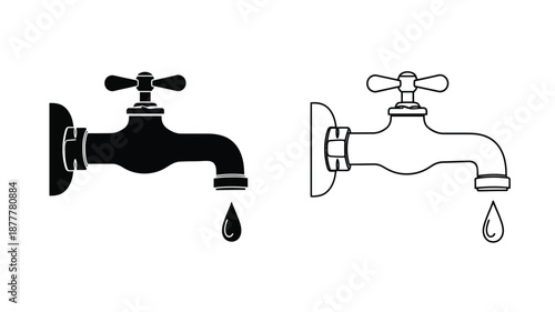 Black and white illustration of two water taps with dripping drops