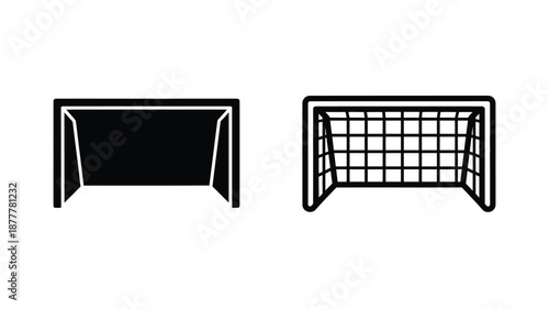 Two black and white illustrations of soccer goals in different perspectives