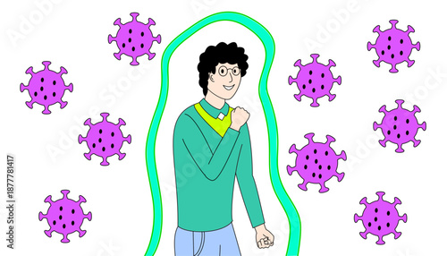 A man is surrounded by a purple cloud of viruses