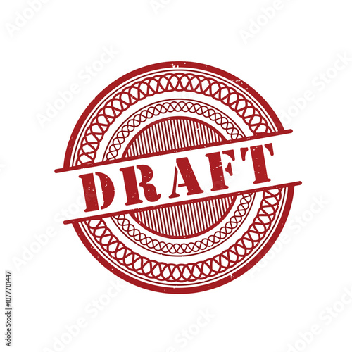 Red grunge 'DRAFT' rubber stamp graphic for provisional document status indication