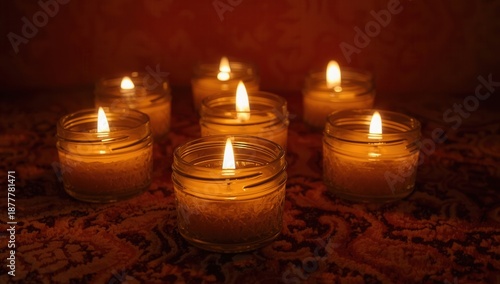 Seven small candles in glass jars are burning in the dark, creating a warm and cozy atmosphere
