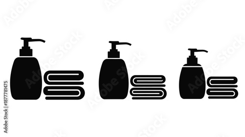 Simple black silhouette icons of three soap dispensers and small trays