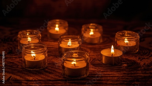 Group of small candles burning on a wooden surface creating a warm and cozy atmosphere