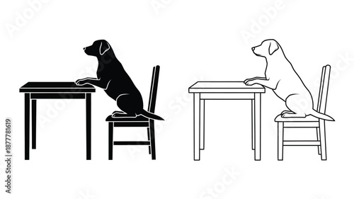 two dogs sitting on chairs at tables in black and white