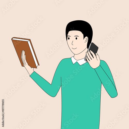 A man is talking on his cell phone while holding a book