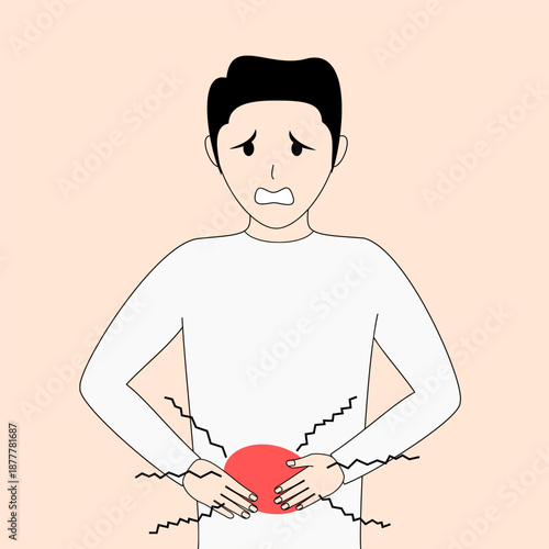 A man is holding his stomach and looking very sad