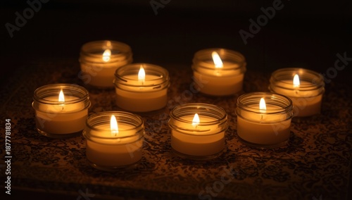 Seven small candles in glass jars are burning in the dark, creating a warm and cozy atmosphere