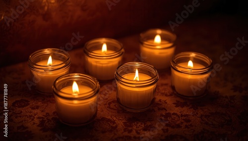 Six small candles in glass jars are burning in the dark, creating a warm and cozy atmosphere