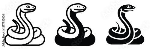 stylized snake illustrations in different black and white designs,a silhouette of a snake ,Coiled Cobra Silhouette. vector. Ideal for use as a tattoo, icon, web graphic design, and info graphi concept