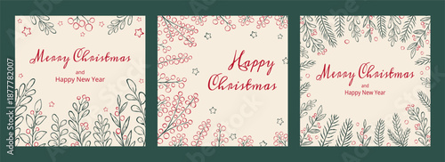 Elegant set of minimalist Christmas square cards with hand drawn winter foliage, berries, stars and festive typography on a warm cream background. Template for poster, invitation, cover, social media