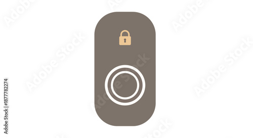 Minimalist illustration of a smart key or remote control with a lock icon and a circular button.