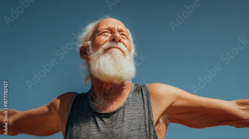Cardio sports exercise, healthy lifestyle. An older man with a white beard and a gray tank top, stretching his arms against a bright blue sky.
