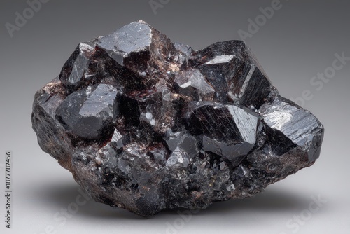 Close-up image of a magnetite mineral sample showing dark gray crystals and textured surfaces